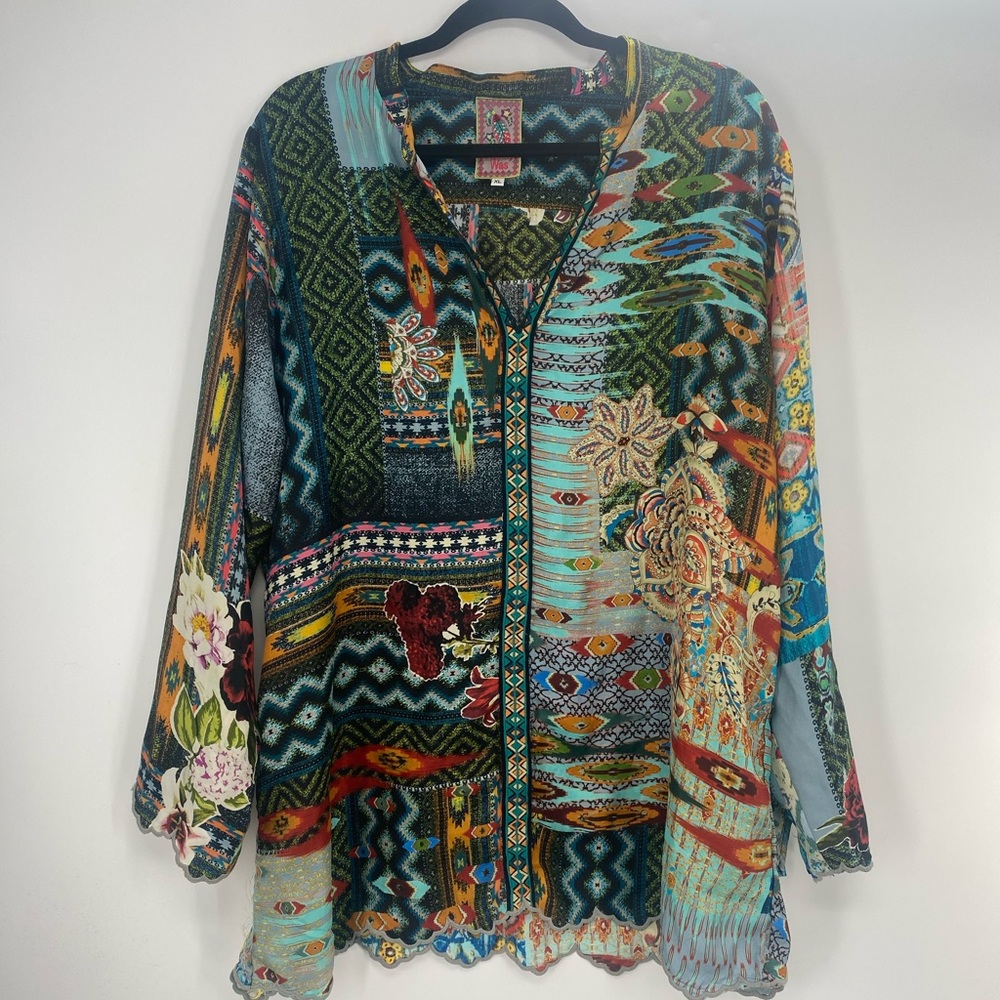 Johnny Was XL Silk Tunic Blouse Floral Geometric FLAWS.